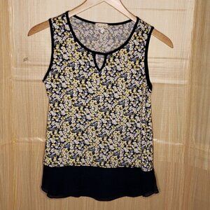 Emi & Joe Womens Navy Blue Floral Textured Top With Sheer Hem Medium